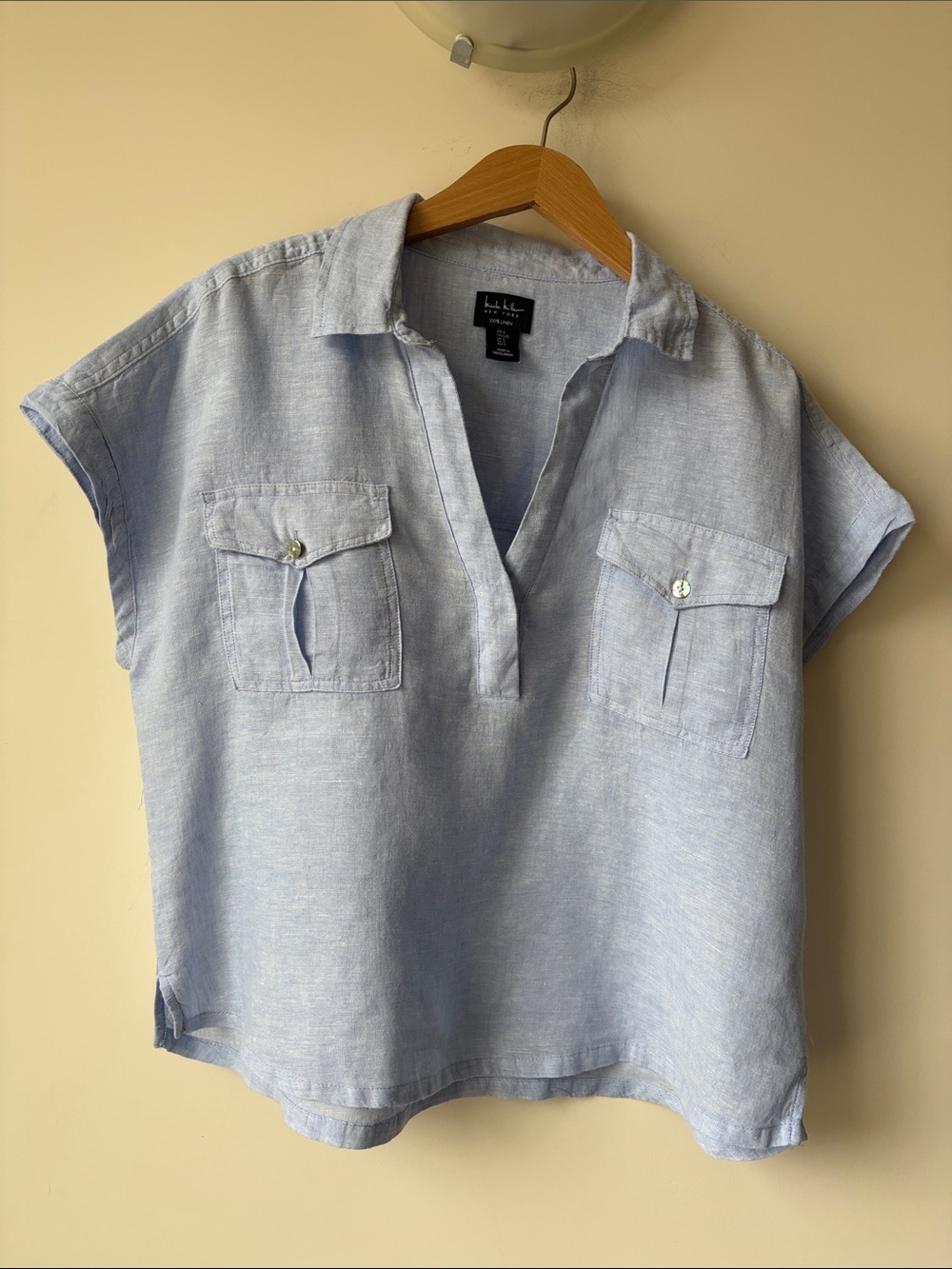 NICOLE MILLER Pale Blue Linen Popover Top Boxy Cut Cap Sleeves Size L